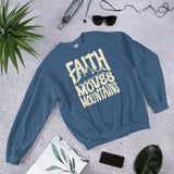Front View Of A Faith Moves Mountains Sweatshirt In Indigo Blue