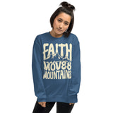Woman Wearing A Faith Moves Mountains Sweatshirt In Indigo Blue