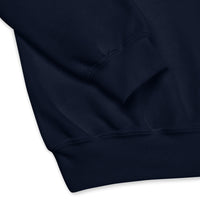 Close Up Details Of A Navy Faith Moves Mountains Sweatshirt