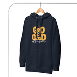 Front View Of A Navy God Is Good All The Time Hoodie On Hanger