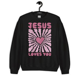 Front View Of A Black Jesus Loves You Sweatshirt On Hanger