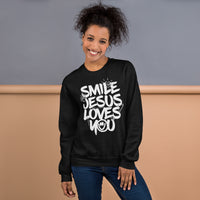 Woman wearing A Black Smile Jesus Loves You Sweatshirt