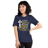 Woman Wearing A Navy St. Augustine Of Hippo Shirt